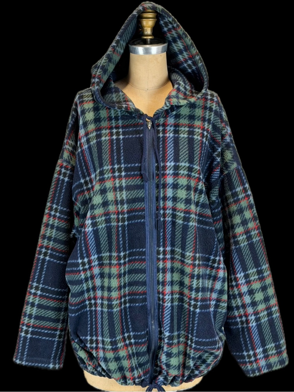 VINTAGE tartan plaid fleece jacket coat zip up hooded hoodie drawstring waist